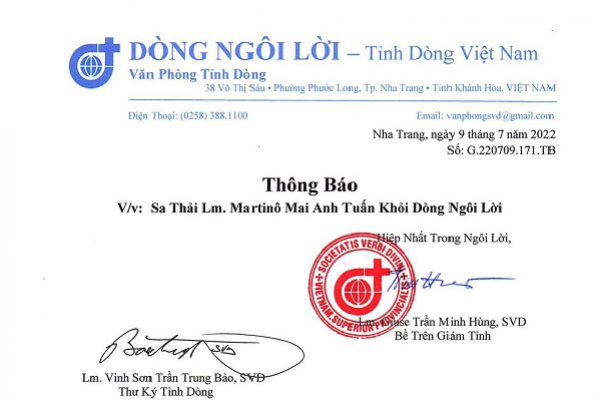 Thông báo: Sa thải Linh mục Martinô Mai Anh Tuấn khỏi Dòng Ngôi Lời